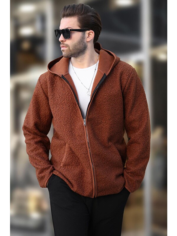 Madmext Kahverengi   Pelüş Erkek Polar Fermuarlı Sweatshirt Hırka E7080