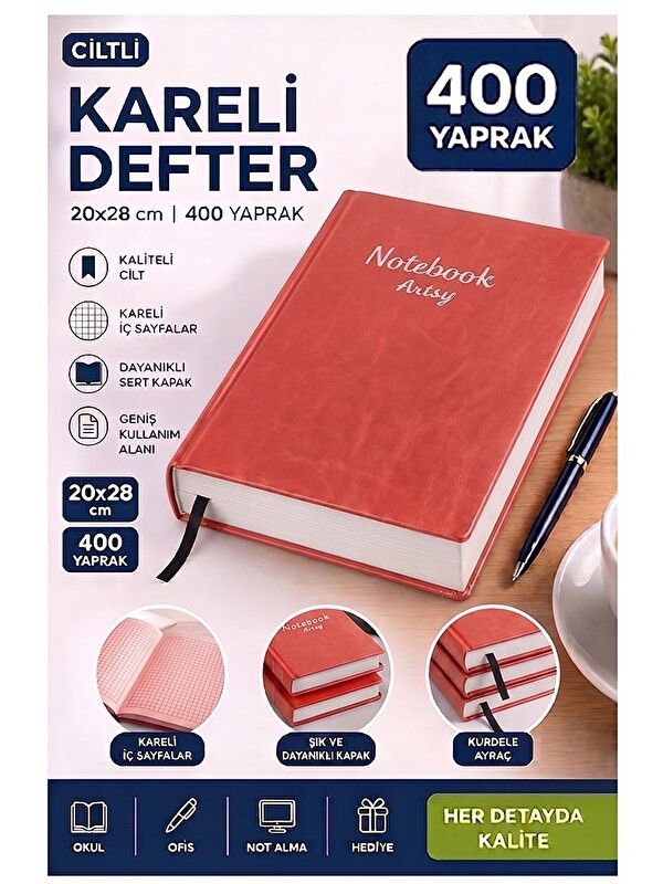 Artlantis Ciltli Kareli Defter 400 Yaprak 20x28cm 1 Adet Sert Kapaklı Not Hesap Defteri
