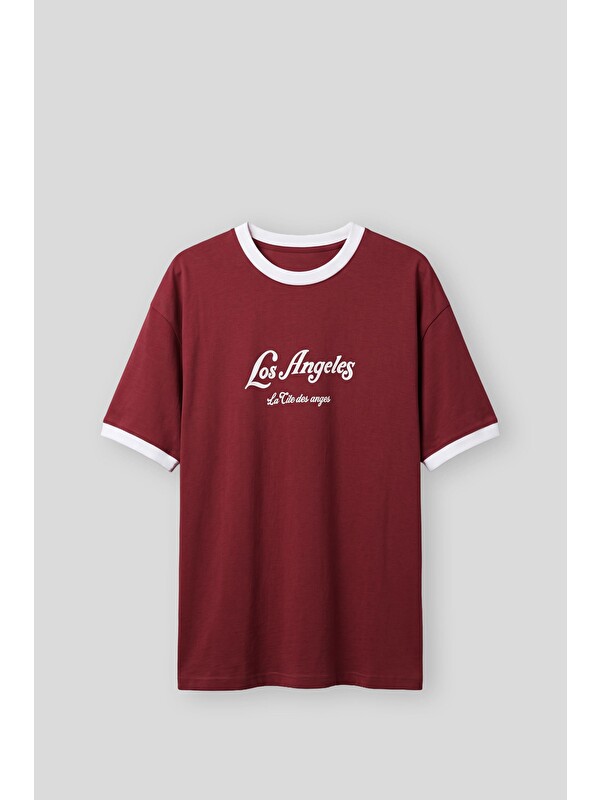 Abluka Online Erkek Süper Oversize La Baskılı Kontrast Yaka T-Shirt Bordo