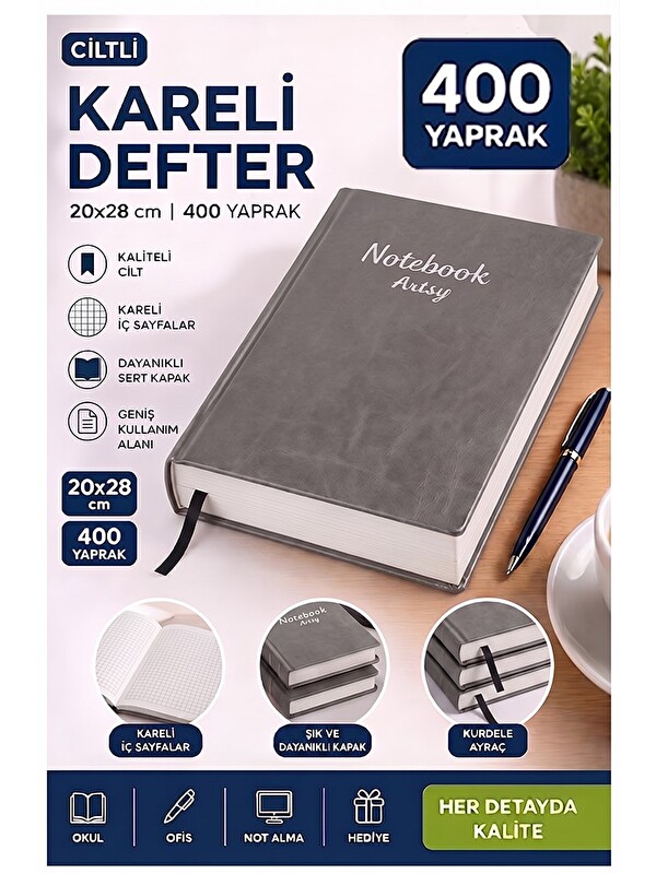 Artlantis Ciltli Kareli Defter 400 Yaprak 20x28cm 1 Adet Sert Kapaklı Not Hesap Defteri