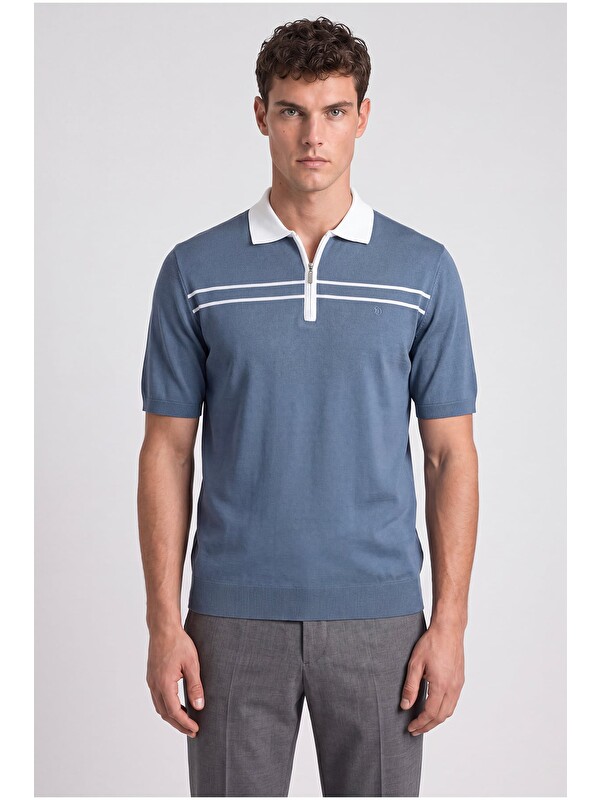 Sabri Özel Mavi Regular Fit Fermuarlı Polo Yaka Örme Triko T-Shirt