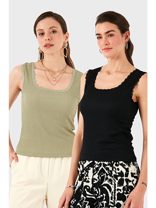 Lela Slim Fit Kalın Dantelli Kare Yaka Bürümcük 2'li Paket Atlet 5864979S2