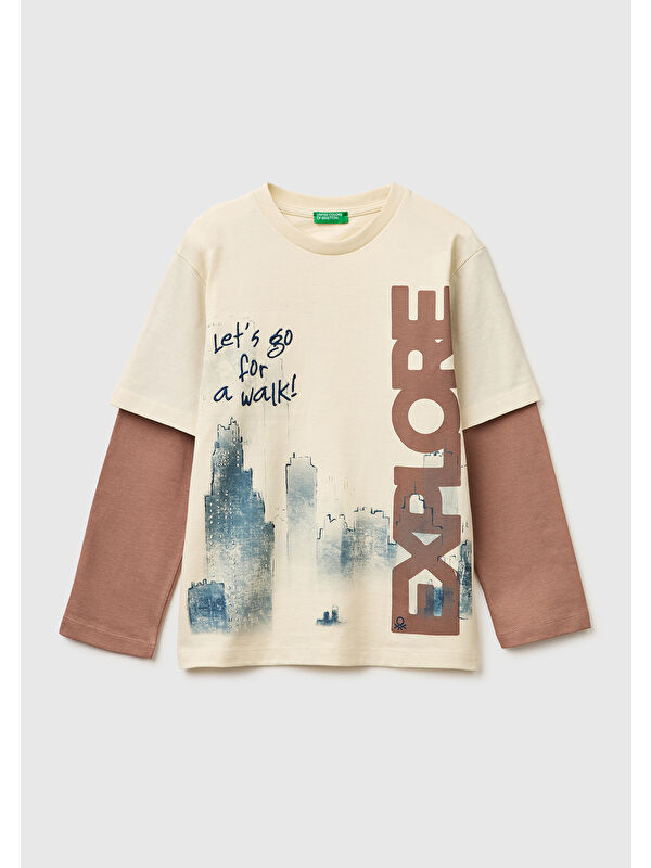 United Colors Of Benetton Erkek Çocuk Krem Çift Kollu Baskılı Bisiklet Yaka T-Shirt