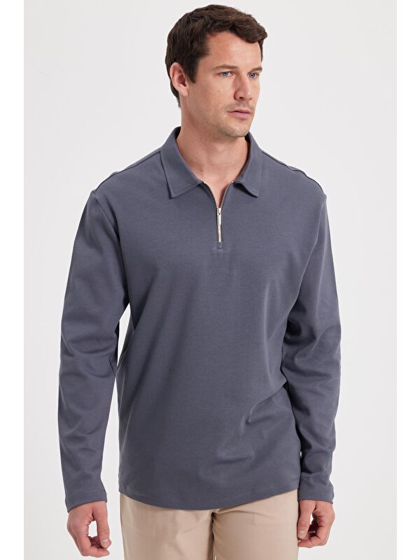 TUDORS Erkek Relax Fit Rahat Kesim %100 Pamuk Yarım Fermuarlı Polo Yaka İnterlok Antrasit Sweatshirt