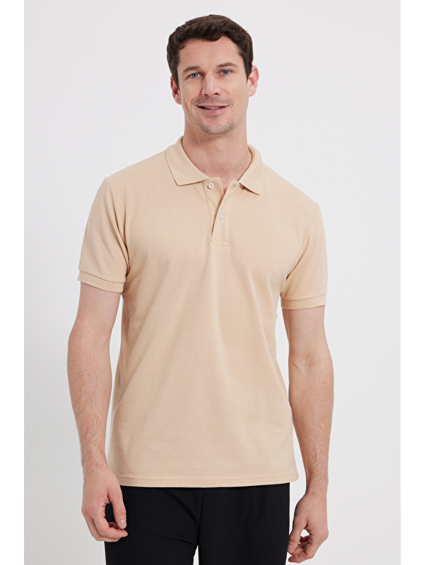 TUDORS Slim Fit Dar Kesim %100 Pamuk Erkek Polo Yaka Bej Tişört