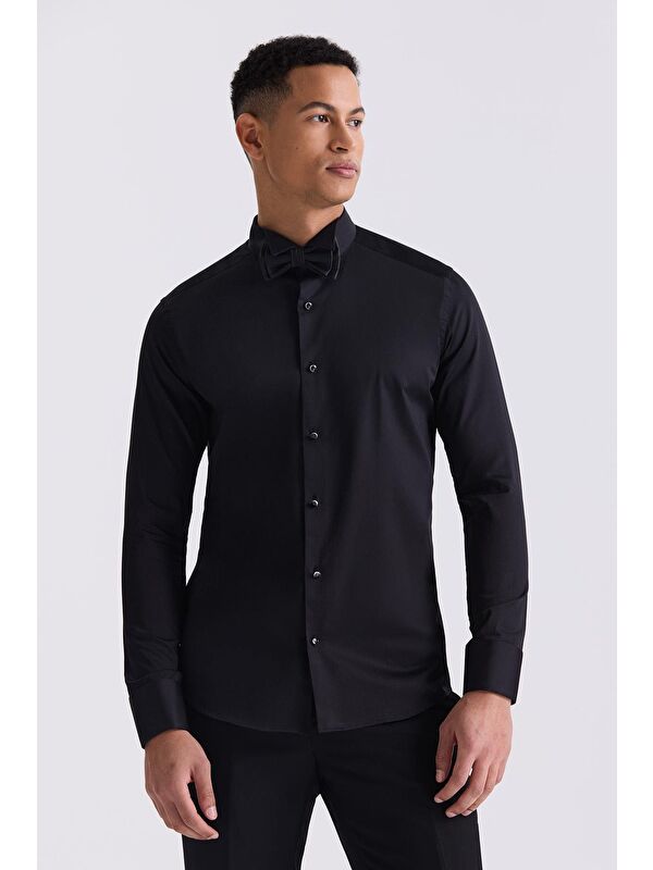 JAKAMEN Siyah Slim Fit Kol Düğmeli %100 Pamuk Ata Yaka Gömlek