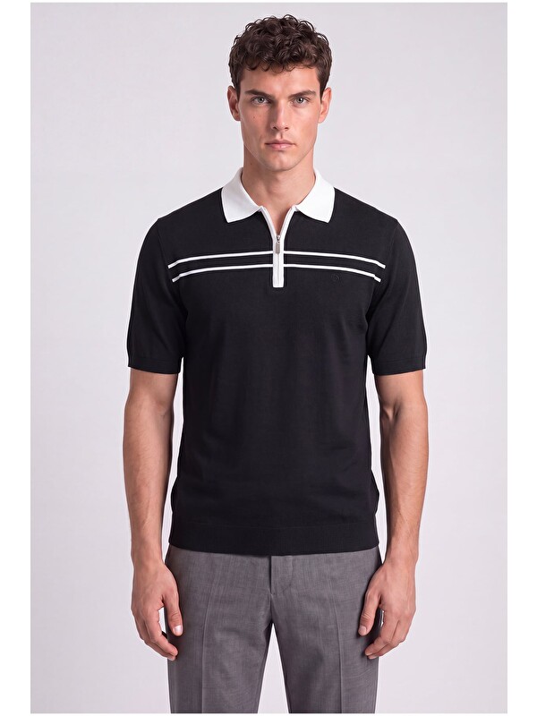 Sabri Özel Siyah Regular Fit Fermuarlı Polo Yaka Örme Triko T-Shirt