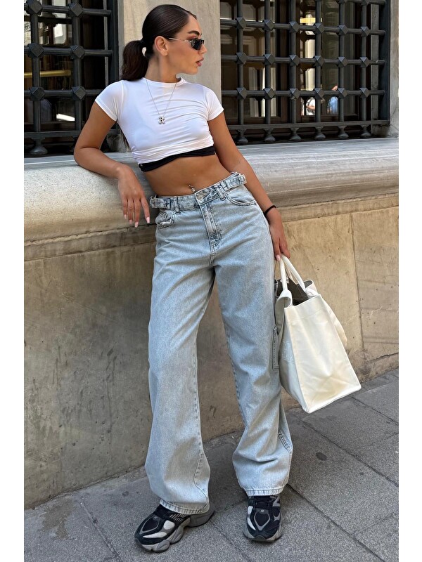 Madmext Açık Mavi Kargo Kemer Detaylı  Baggy Kadın Jean Mg2874