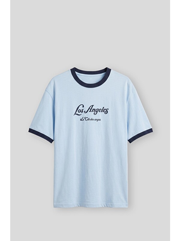 Abluka Online Erkek Süper Oversize La Baskılı Kontrast Yaka T-Shirt Bebek Mavi