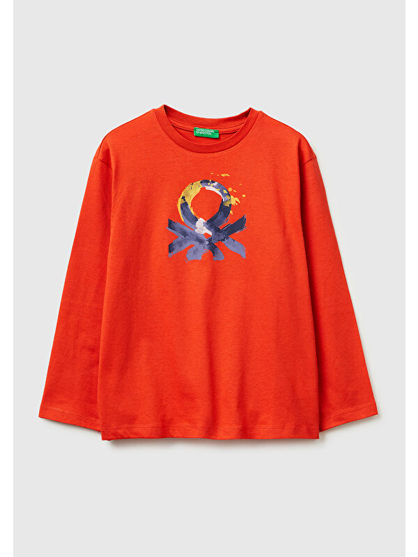 United Colors Of Benetton Erkek Çocuk Kırmızı Önü Logo Baskılı Bisiklet Yaka Uzun Kollu T-Shirt