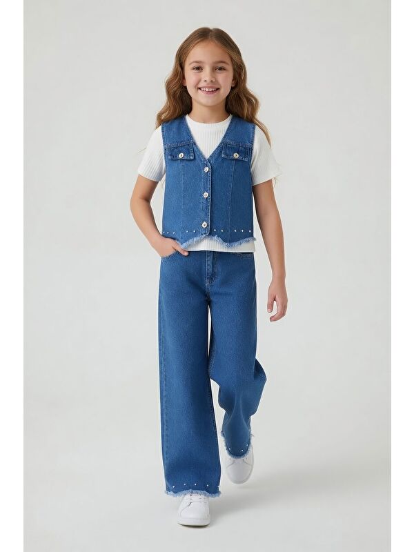 Cansın Mini Mavi İnci Detaylı Geniş Paça Pantolonlu Jean Yelekli Kız Çocuk 3lü Takım 24072