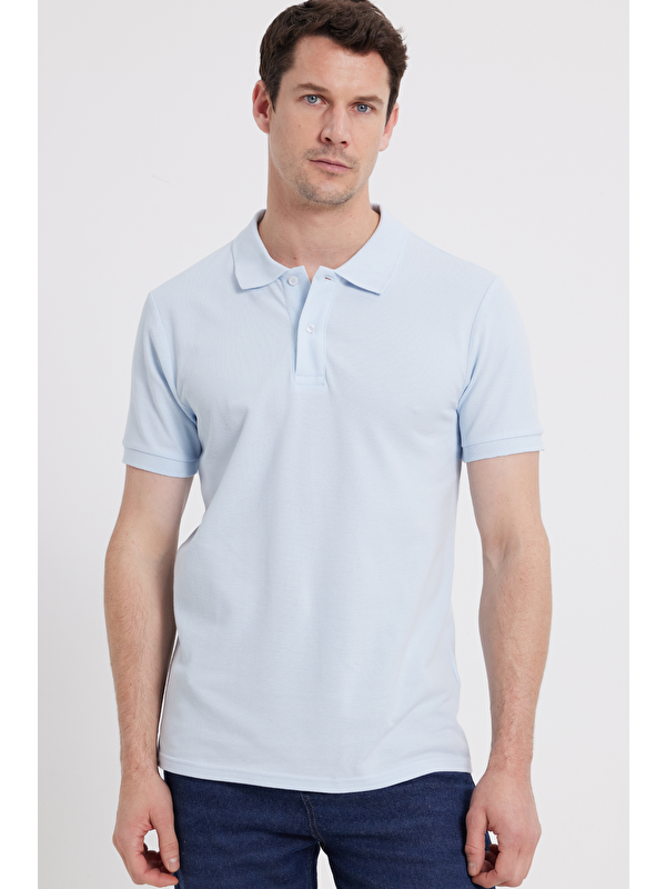 TUDORS Slim Fit Dar Kesim %100 Pamuk Erkek Polo Yaka Turkuaz Tişört