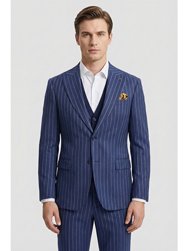 Sabri Özel Giotelli Erkek Lacivert Dar Kesim Slim Fit Viskon 6 Drop Triko Yelekli Takım Elbise