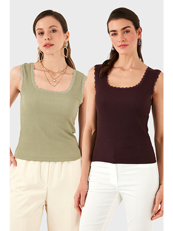 Lela Slim Fit Kalın Dantelli Kare Yaka Bürümcük 2'li Paket Atlet 5864979S2