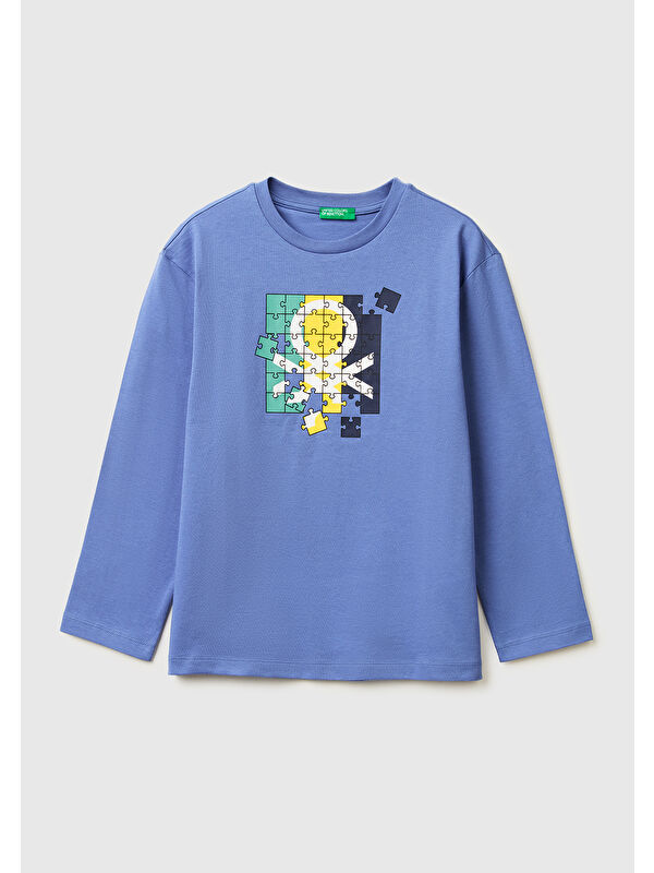 United Colors Of Benetton Erkek Çocuk Havacı Mavi Önü Logo Baskılı Bisiklet Yaka Uzun Kollu T-Shirt