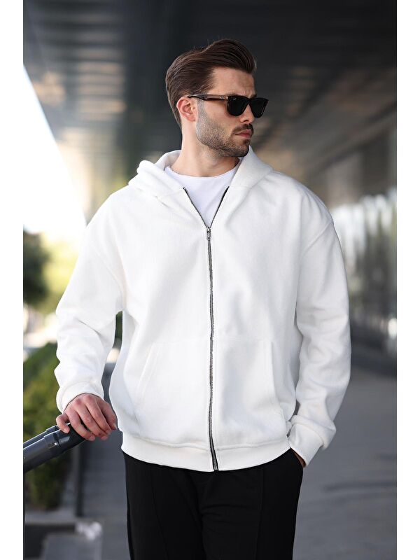 Madmext Ekru Kapüşonlu Erkek Polar Fermuarlı Sweatshirt Hırka