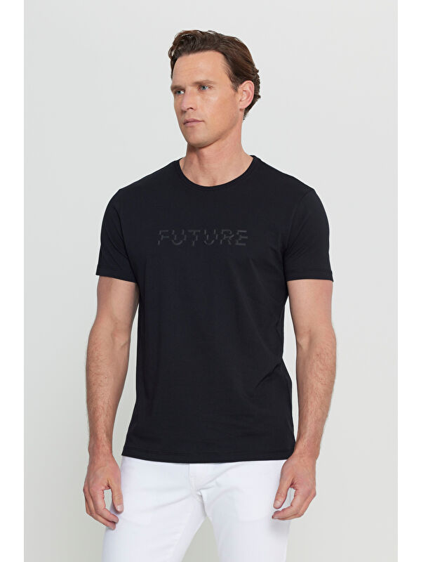 Altınyıldız Classics Erkek Siyah Pamuklu Slim Fit Dar Kesim Bisiklet Yaka Baskılı Esnek Tişört