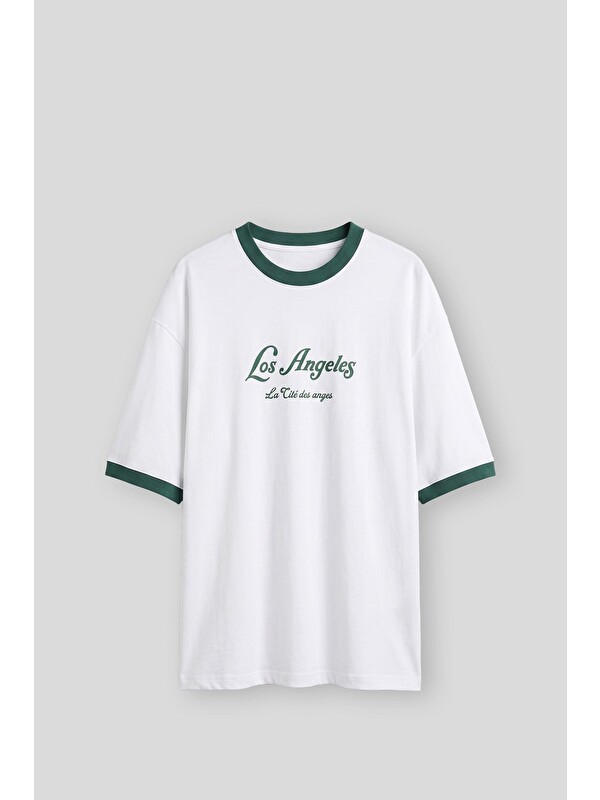 Abluka Online Erkek Süper Oversize La Baskılı Kontrast Yaka T-Shirt Beyaz