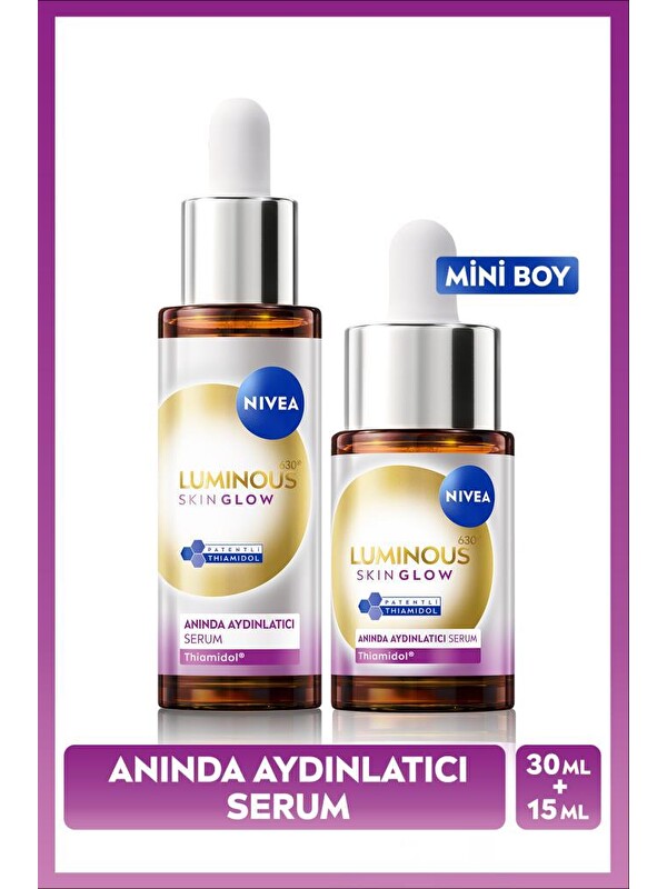 NIVEA Luminous630 Skin Glow Anında Aydınlatıcı Cilt Bakım Serumu 30ml + 15ml, Eşit Cilt Tonu, Niasinamid