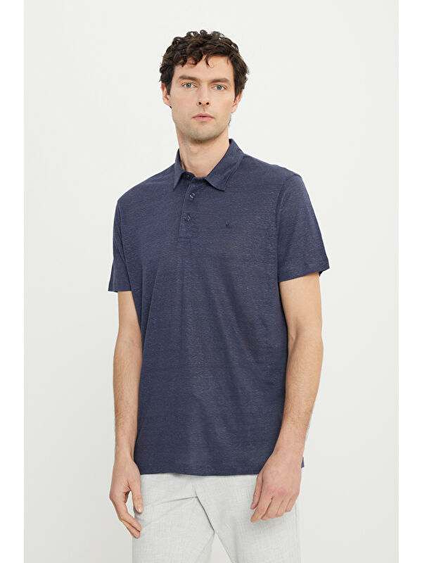Altınyıldız Classics Erkek Lacivert %100 Keten Slim Fit Dar Kesim Polo Yaka Tişört