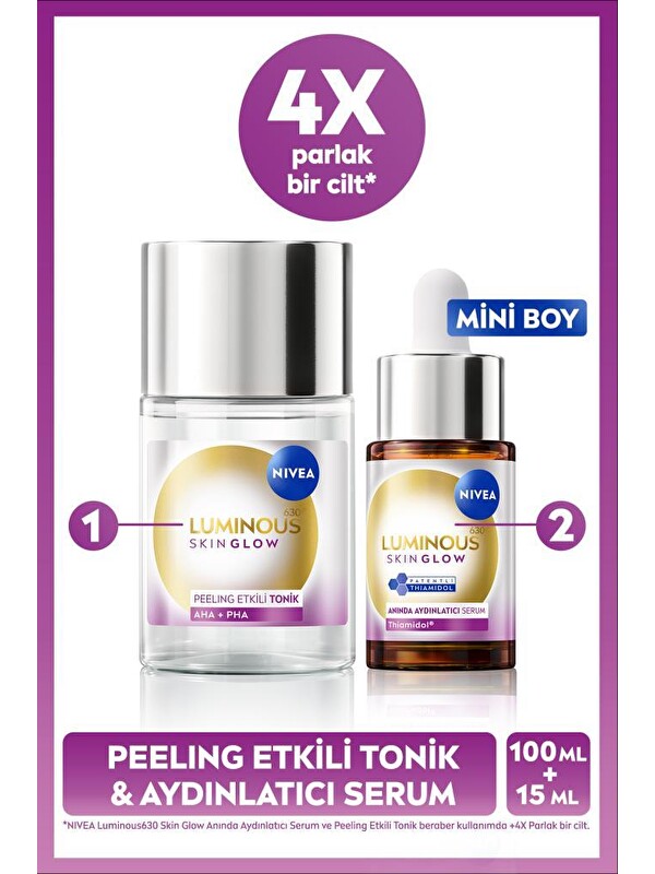 NIVEA Luminous630 Skin Glow Anında Aydınlatıcı Serum 15ml ve Peeling Etkili Tonik 100ml, Eşit Cilt Tonu