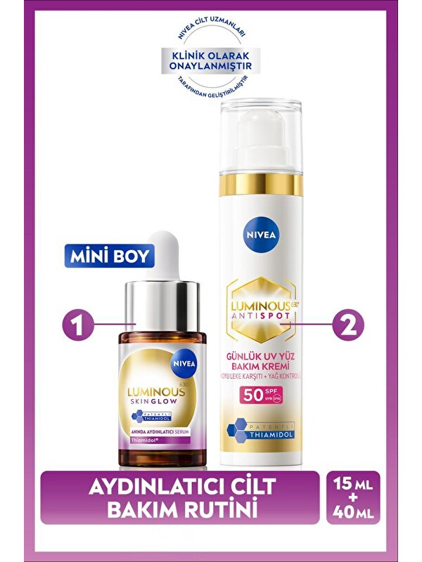 NIVEA Luminous630 Aydınlatıcı ve Leke Karşıtı Cilt Bakım Seti, SPF50 Yüz Güneş Kremi 40ml, Serum 15ml