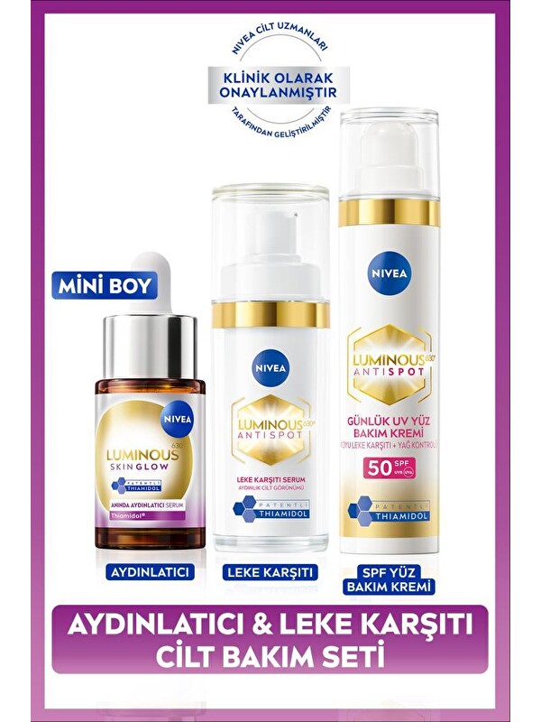 NIVEA Luminous630 Skin Glow Aydınlatıcı Serum 15ml, Leke Karşıtı Serum ve SPF50 Yüz Güneş Kremi 40ml
