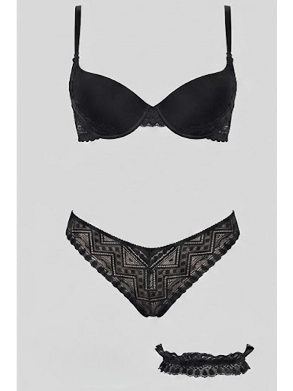 C&City Push-Up Dolgulu Bacak Bantlı Sütyen Takım C14155 Siyah