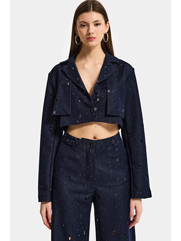 It's Basic Kadın Lacivert s6-56 Crop Fit Özel Tasarım Delikli Denim Ceket
