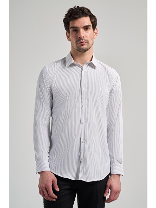 İMZA Beyaz Uzun Kol Desen Yarım İtalyan Yaka Cepsiz Esnek Classic Slim Fit Gömlek 1004245217