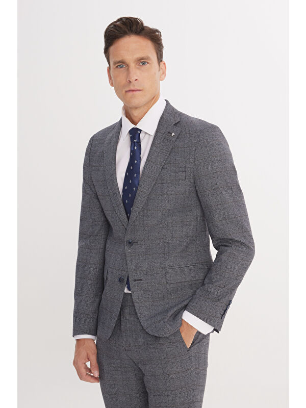 Altınyıldız Classics Erkek Gri-Mavi Ekstra Slim Fit Dar Kesim Mono Yaka Kareli Kapak Cepli Takım Elbise
