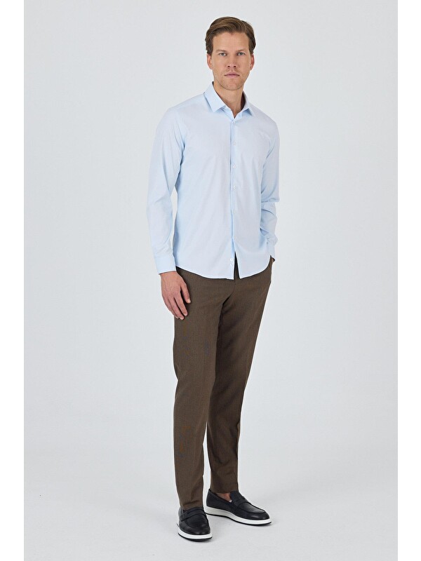 İMZA Koyu Mavi Sert Yaka Cepsiz Gabardin Uzun Kol Slim Fit Esnek Gömlek 1004250234