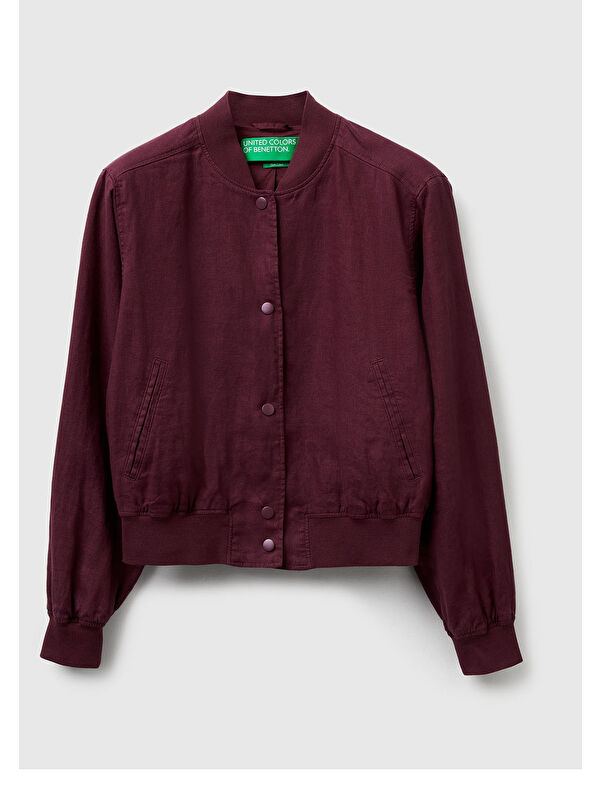 United Colors Of Benetton Kadın Mürdüm %100 Keten Bomber Ceket