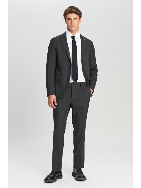 Altınyıldız Classics Erkek Antrasit Slim Fit Dar Kesim Mono Yaka Kapak Cepli Desenli Esnek Takım Elbise