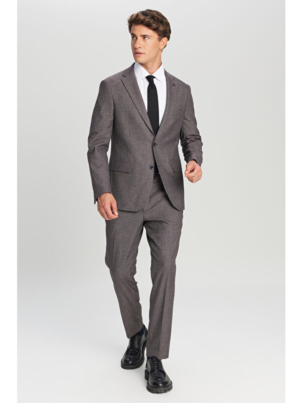 Altınyıldız Classics Erkek Bordo-Gri Slim Fit Dar Kesim Mono Yaka Desenli Kapak Cepli Esnek Takım Elbise