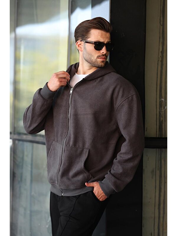 Madmext Füme Kapüşonlu Erkek Polar Fermuarlı Sweatshirt Hırka Hırka E7168