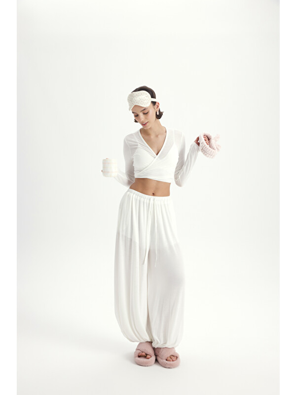 Mai Collection Vena Bağlamalı Ekru Crop Şalvar Pantolon Takım