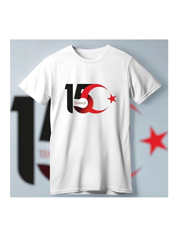 Jane's 15 Temmuza Özel Tasarım Ay Yıldız Baskılı T-shirt - Beyaz