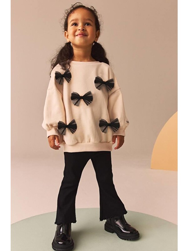 Magu Fiyonk Desenli Pamuklu Sweatshirt Tayt Set Alt-Üst Takım Kız Çocuk