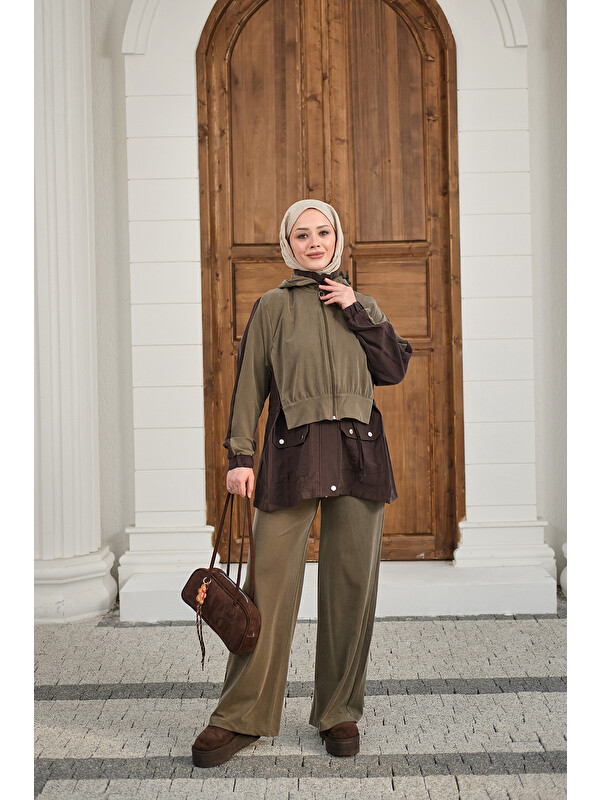 Locco Moda Kadın Çıtçıtlı Çift Kat Kapüşonlu Takım Kahverengi