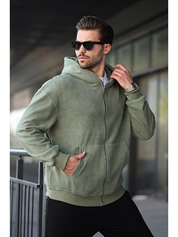 Madmext Haki Kapüşonlu Erkek Polar Fermuarlı Sweatshirt Hırka Hırka E7168