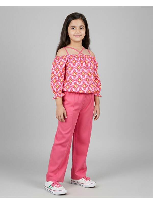 Ege Bebek Kız Çocuk Yazlık Etnik Desen Bluzlu, Müslin Pantalonlu 6-7-8-9-10 Yaş Bol Paçalı Takım