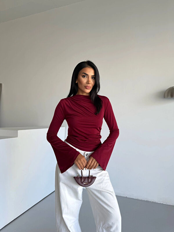 Hazelin Kadın Bordo Drape Detaylı İspanyol Kol Sany Bluz HZL25W-FRY123431