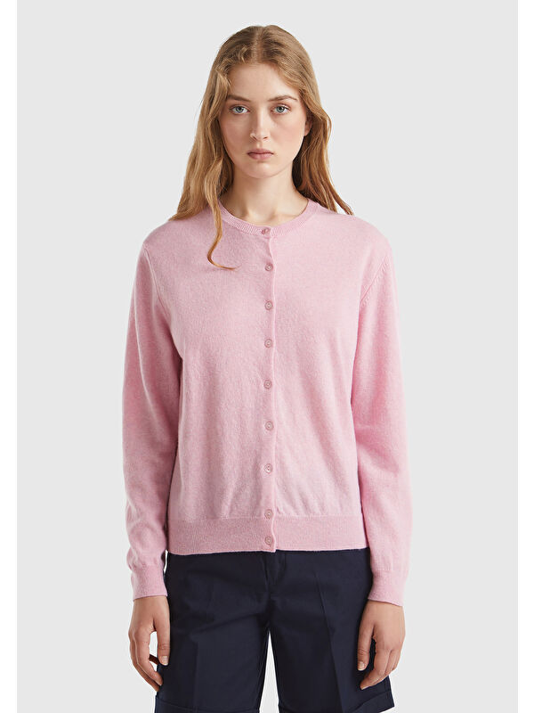 United Colors Of Benetton Kadın Açık Pembe %100 Merino Bisiklet Yaka Hırka
