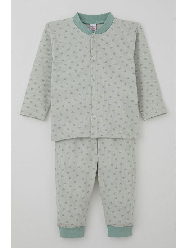 Breeze Erkek Bebek Pijama Takımı Mini Üçgenler Desenli Önden Çıtçıtlı Su Yeşili (4 Ay-1 Yaş)