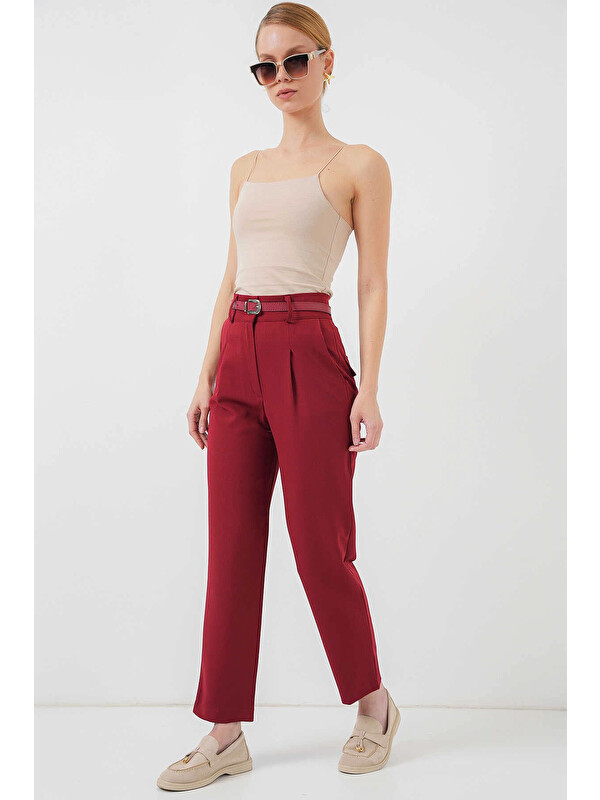 Hazelin Kadın Bordo Yüksel Bel Kemerli Kumaş Pantolon HZL25S-BD167251