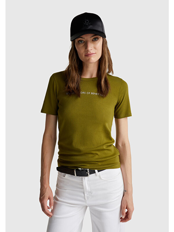 United Colors Of Benetton Kadın Haki Yeşili %100 Pamuk Benetton Yazılı Basic T-Shirt