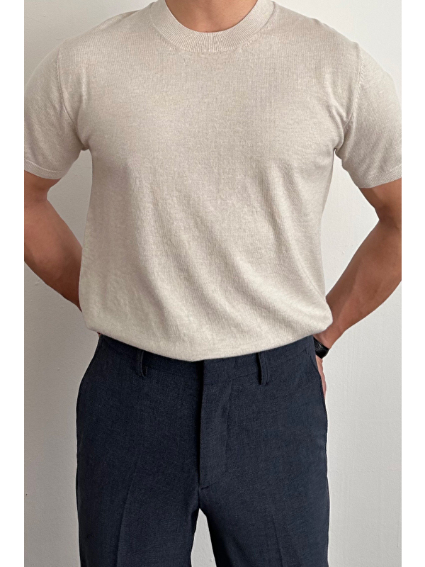 Tarz Cool Erkek Bej Slim Fit Bisiklet Yaka Triko Tişört