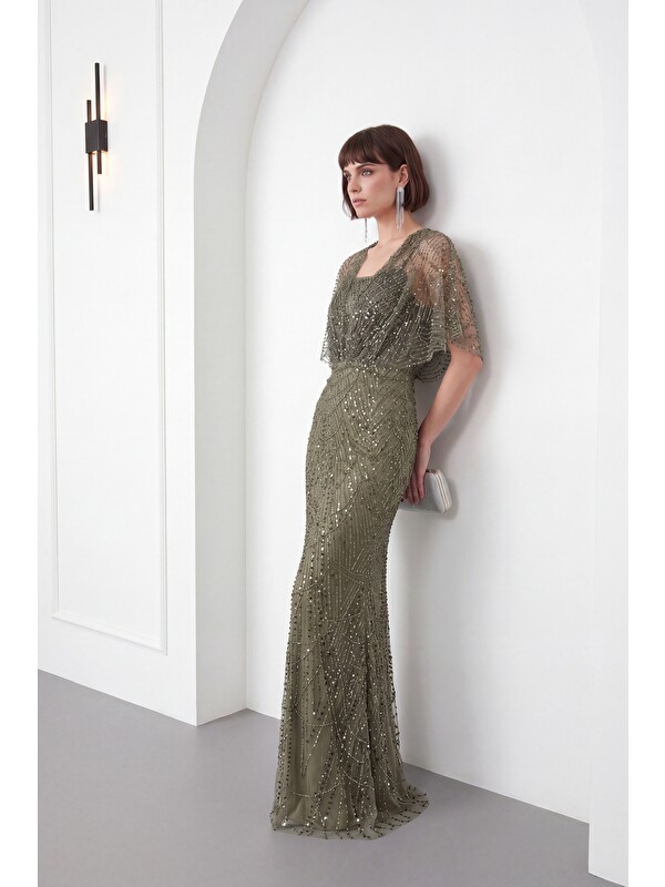 Lafaba Kadın Haki Pelerin Detaylı Uzun Boncuklu Abiye Elbise