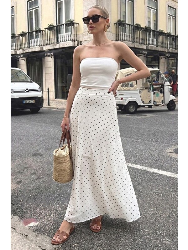 Madmext Beyaz Minimal Puantiye Desen Şifon Astarlı Etek Mg2821